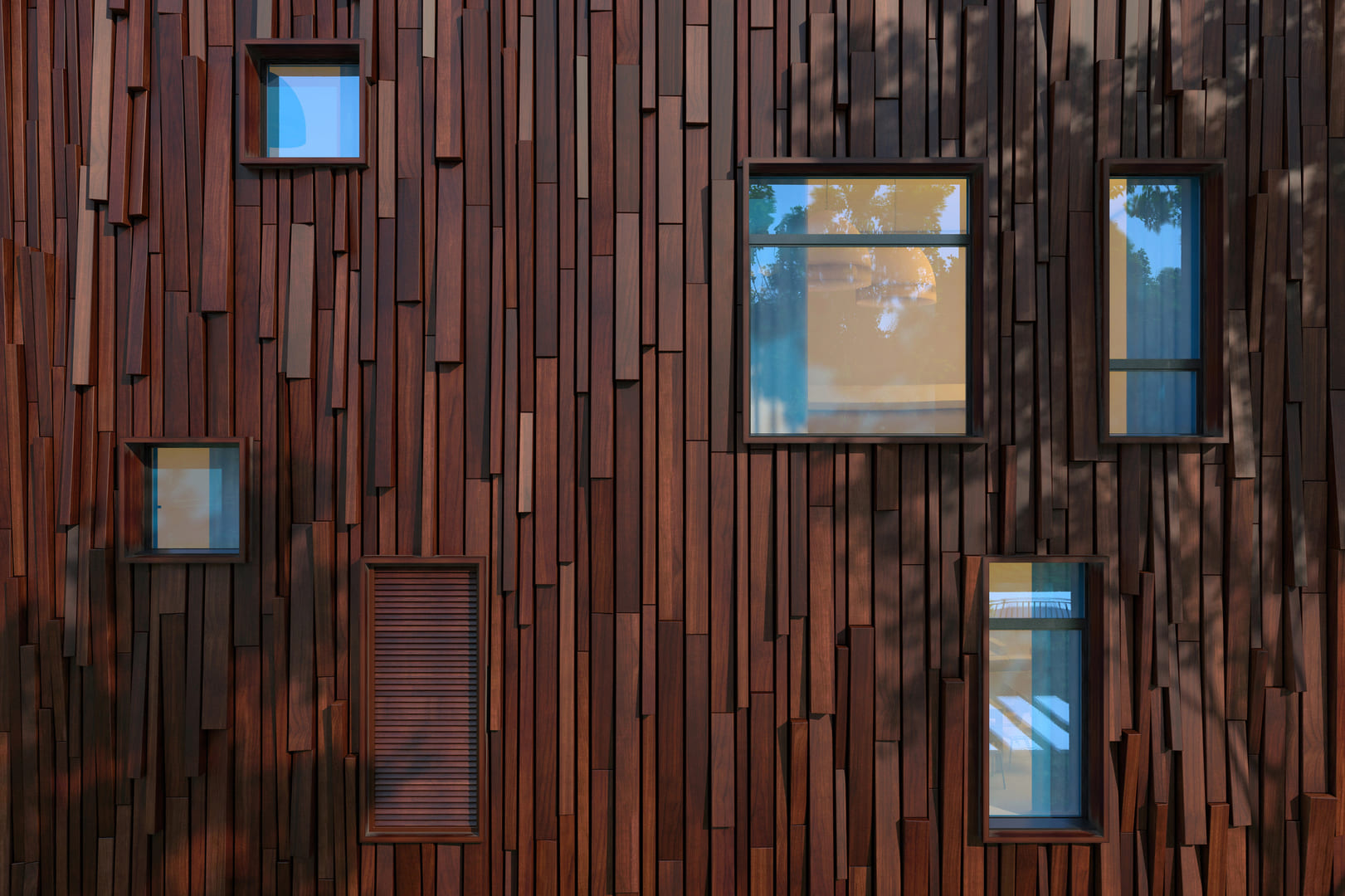 Evening Wodden Facade Of A Modern Building